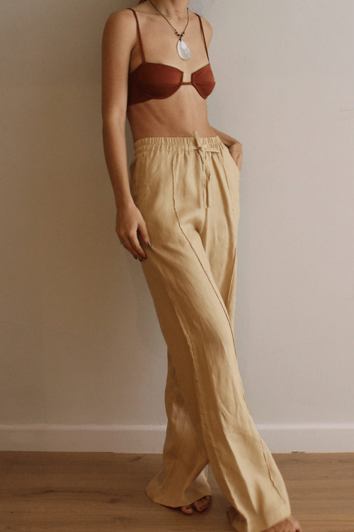 raffia linen camel pant